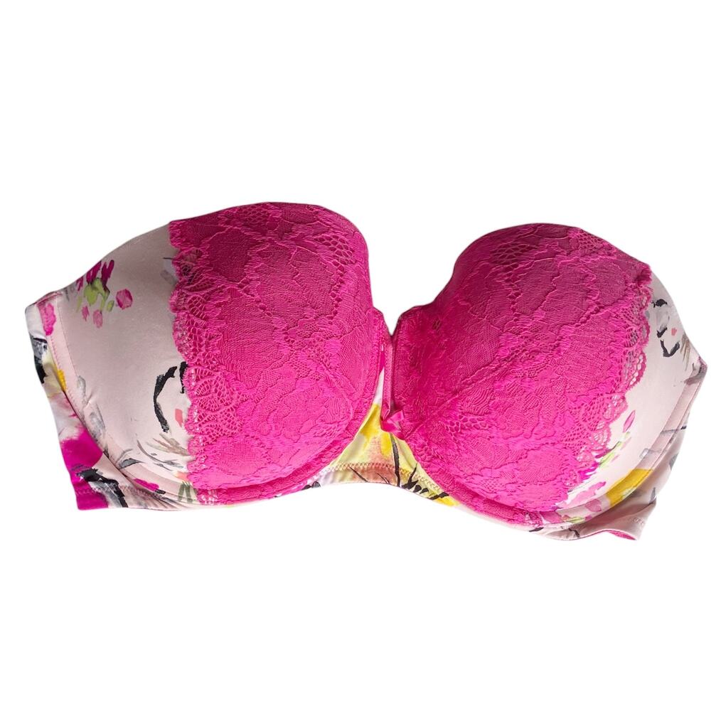 Cacique Lightly Lined Multiway Strapless Bra Size 40DDD Floral Print Pink Lace